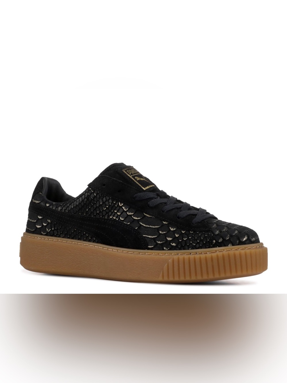 Puma Women’s Black Suede Sneakers with Gold Accents and Gum Sole